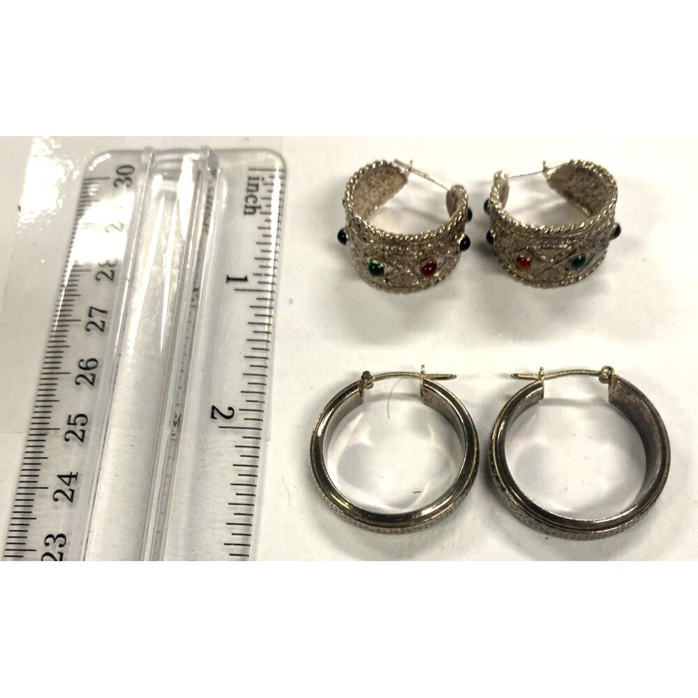 Vintage Lot of 2 Pairs Sterling Silver Earrings Hoops Stones Textured